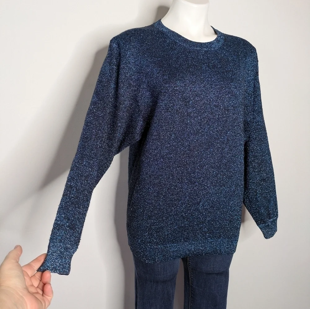 J Crew Blue Black Shimmer Long Sleeve Crew Neck Sweater S